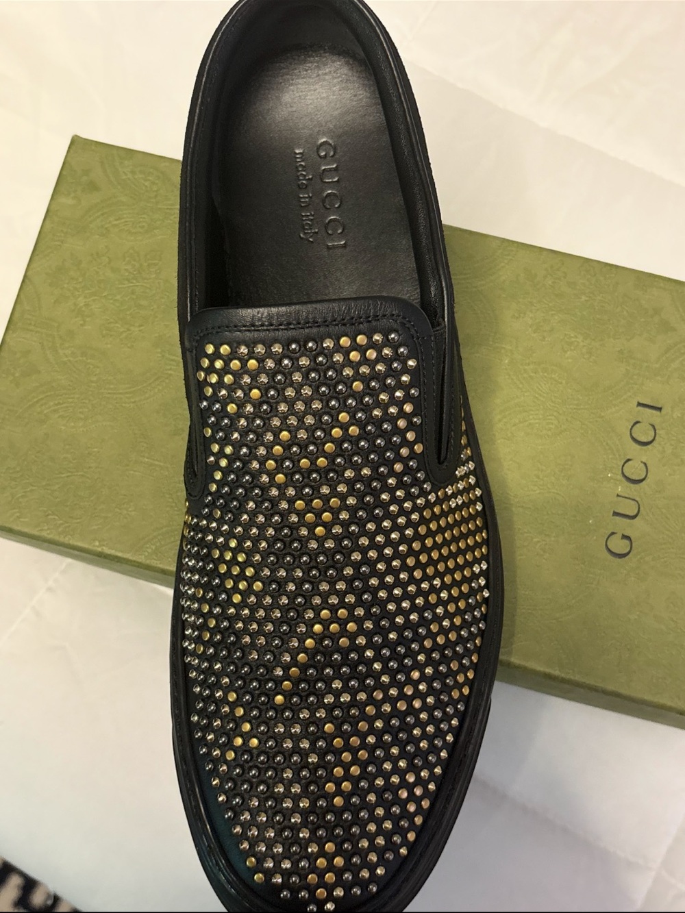 Gucci Black Leather Slip-On Loafers with Gold & Silver Studs